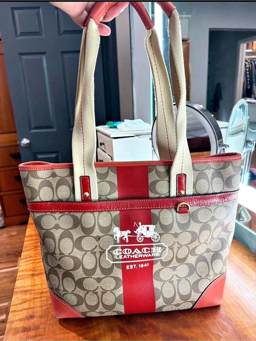 Coach Heritage Stripe Small Tote in Brown & Red